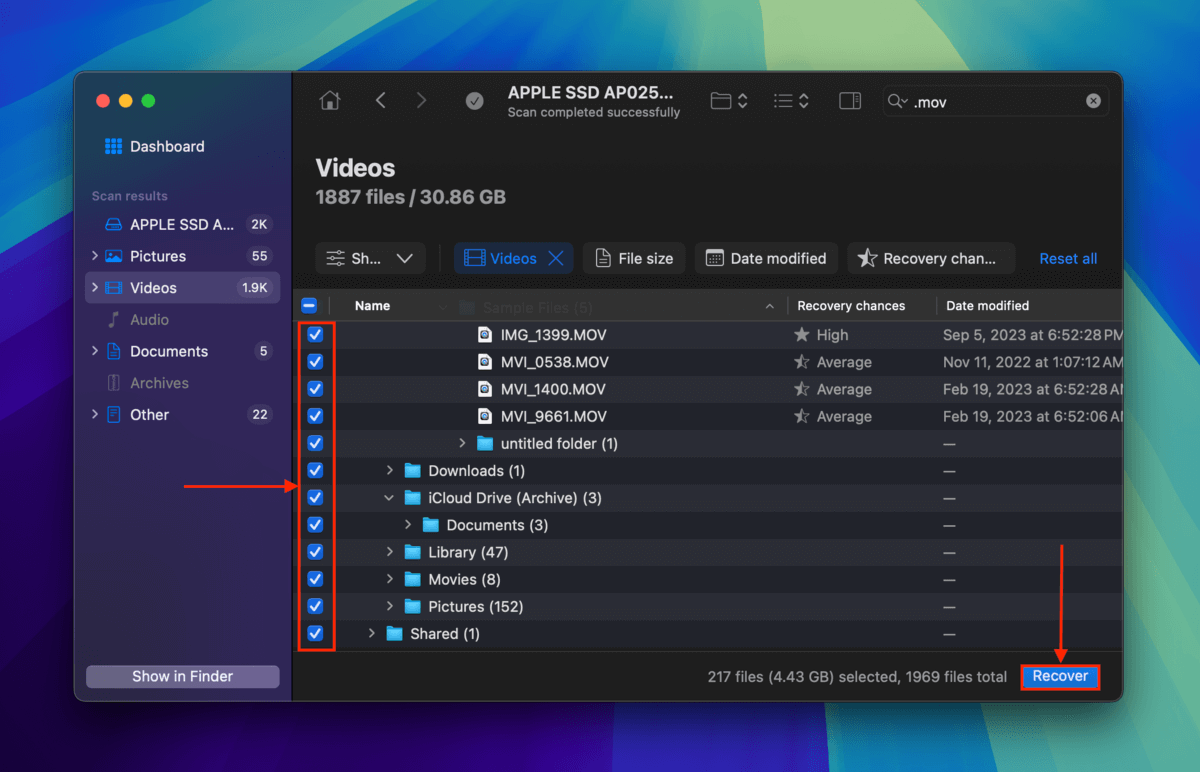 File selection column and Recover button in Disk Drill