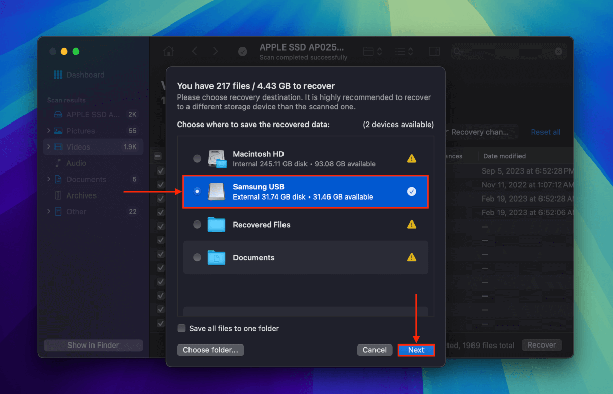 Disk Drill destination selection for the recovered Mac files