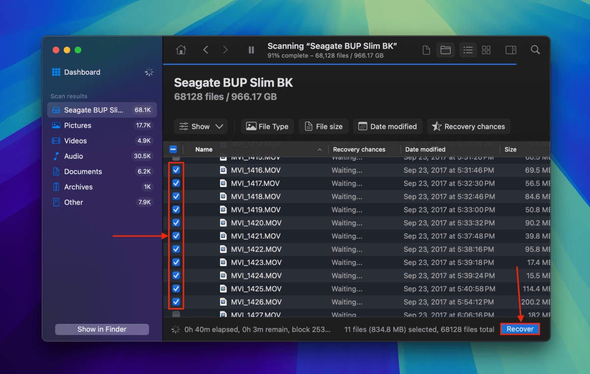 Selecting HDD files for recovery in Disk Drill