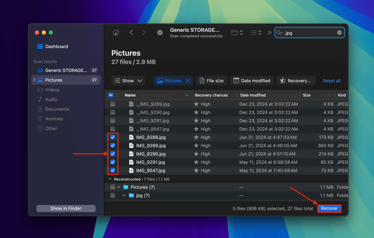 Selecting SDHC files for recovery with Disk Drill