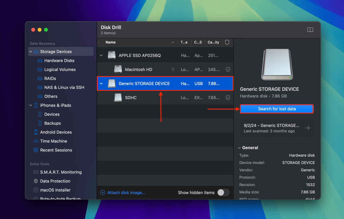 Selecting SDHC card in Disk Drill's source selection menu