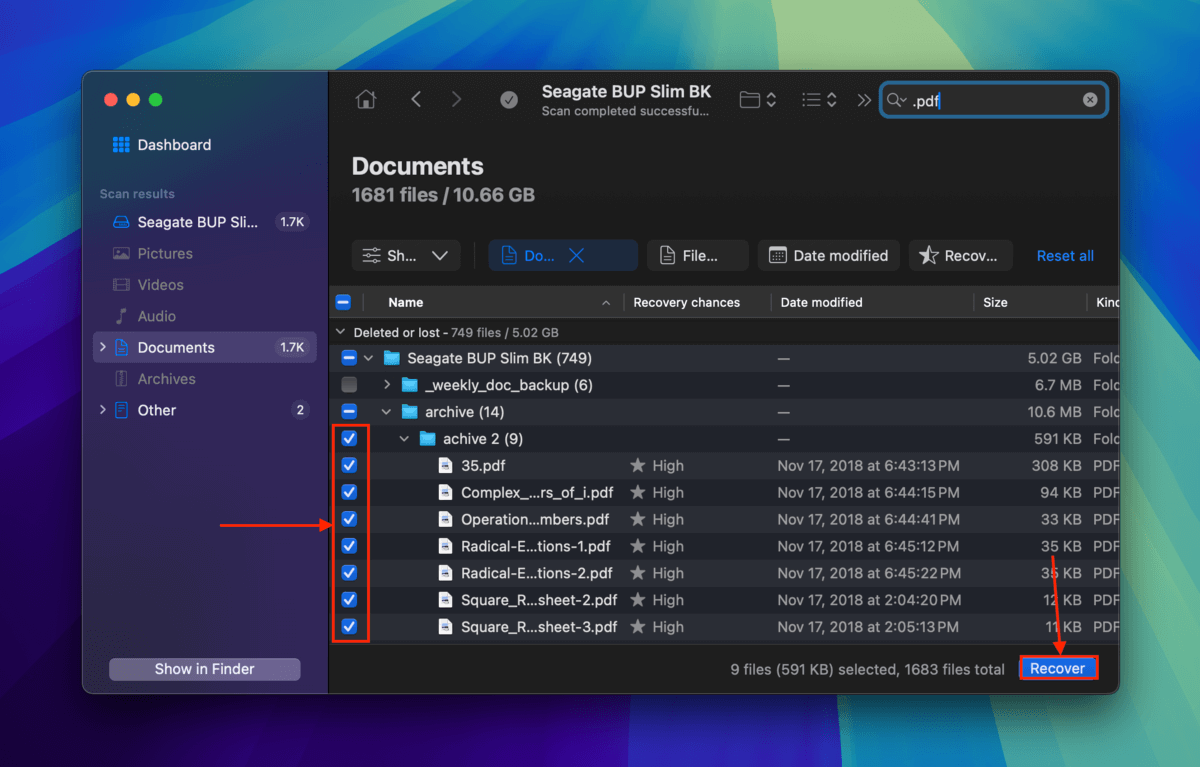 Disk Drill file selection column and Recover button