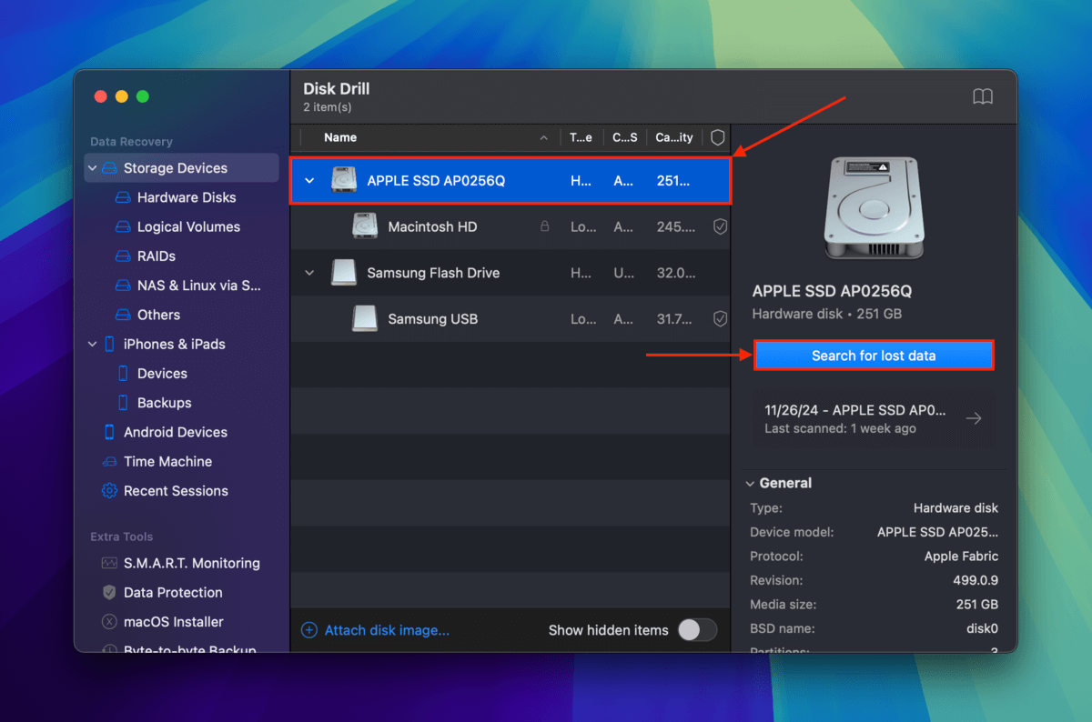 Starting the scan on the Mac drive in Disk Drill's source selection menu