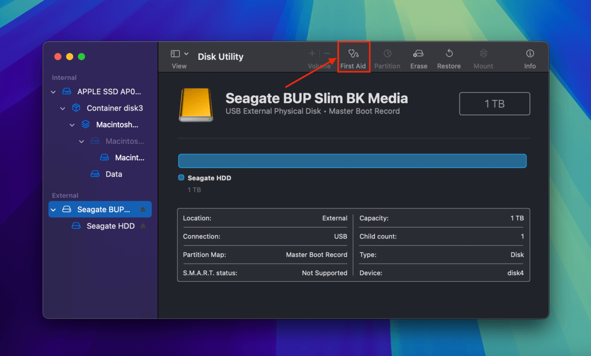 Running First Aid on Disk Utility