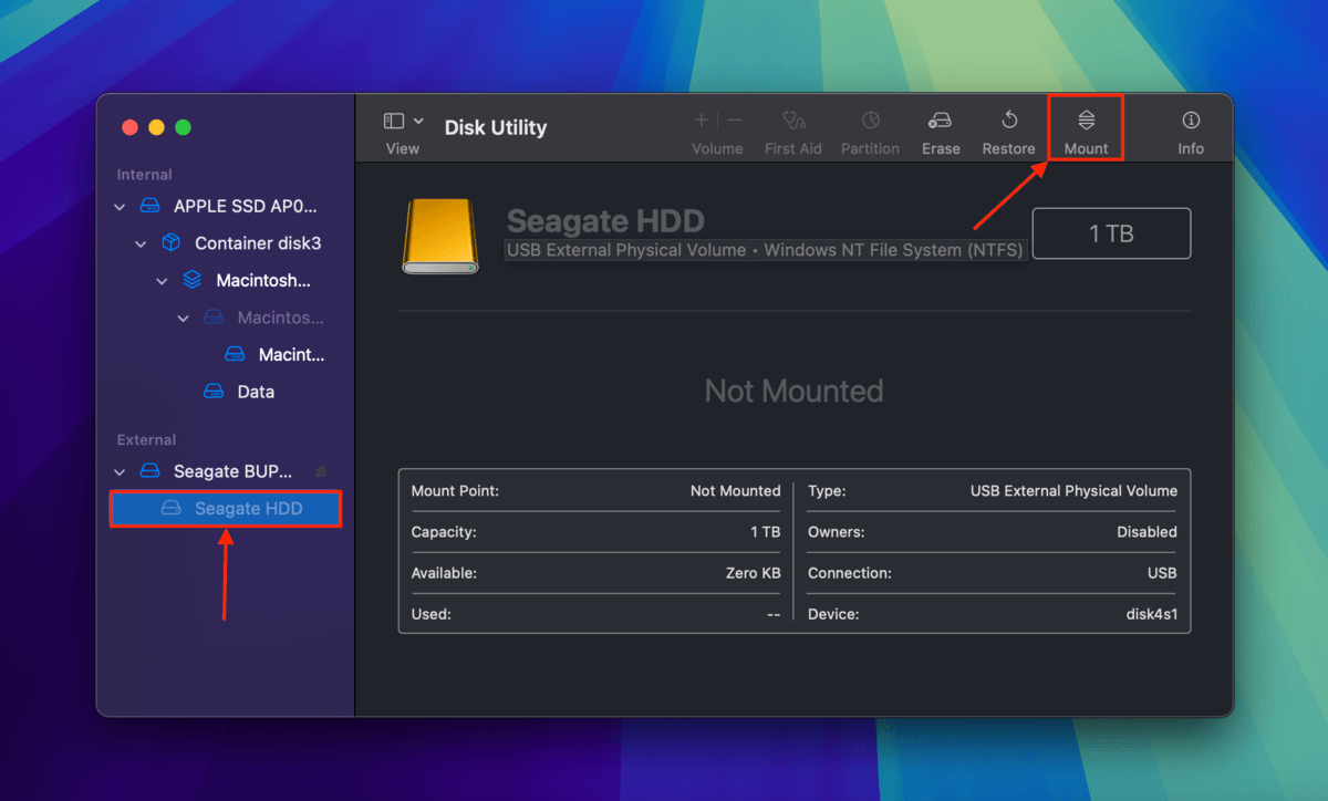 Mount button in Disk Utility