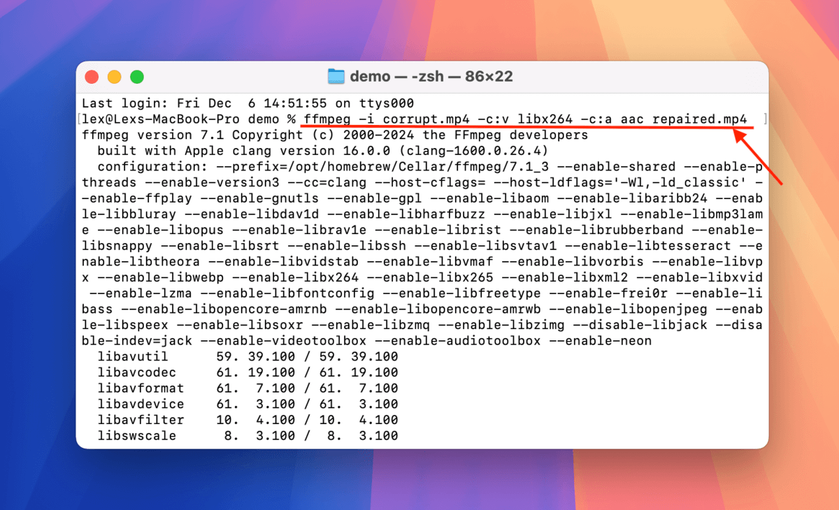 Running FFmpeg's re-encoding command on the corrupted MP4 file via Terminal