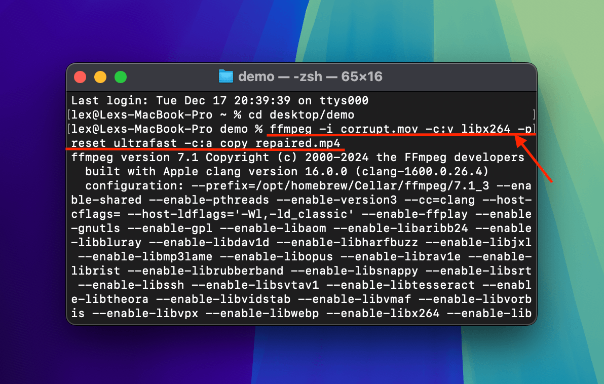 Running an FFmpeg command to re-encode a corrupted iPhone video via Terminal