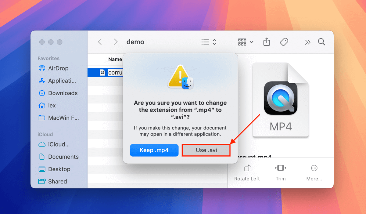 File extension replacement confirmation dialogue in Finder