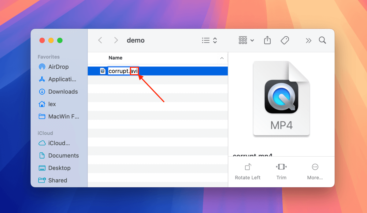 Replacing an MP4 file's extension to .avi in Finder