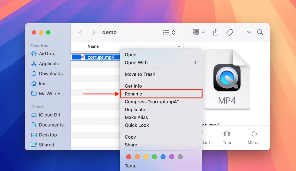 Renaming an MP4 file in Finder