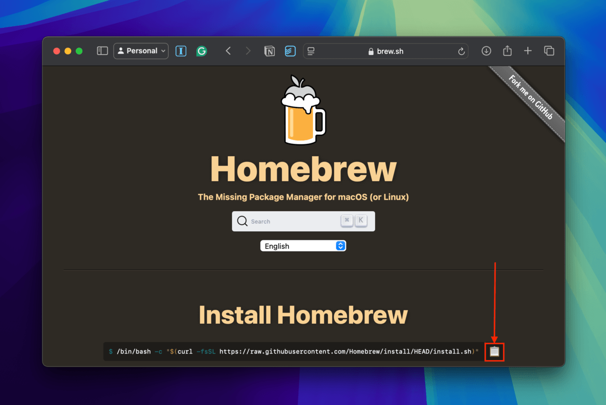 Homebrew installation code on the home page