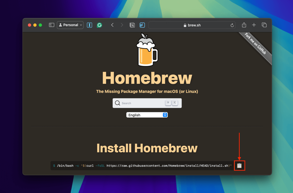 Copying installation command of Homebrew from Homebrew's website