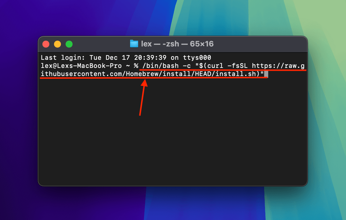 Running Homebrew's installation command in Terminal