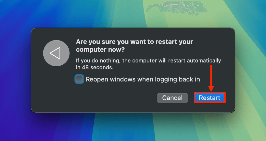 Restart confirmation dialogue menu