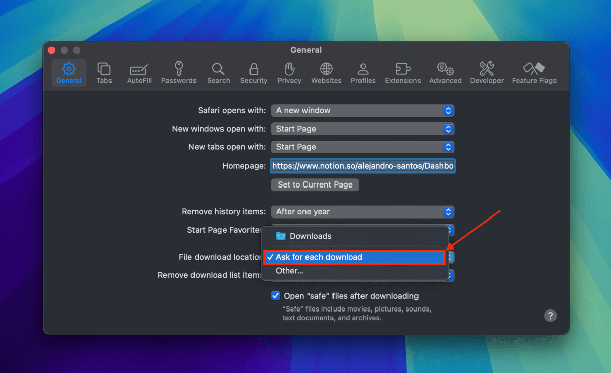 Safari default Download folder settings