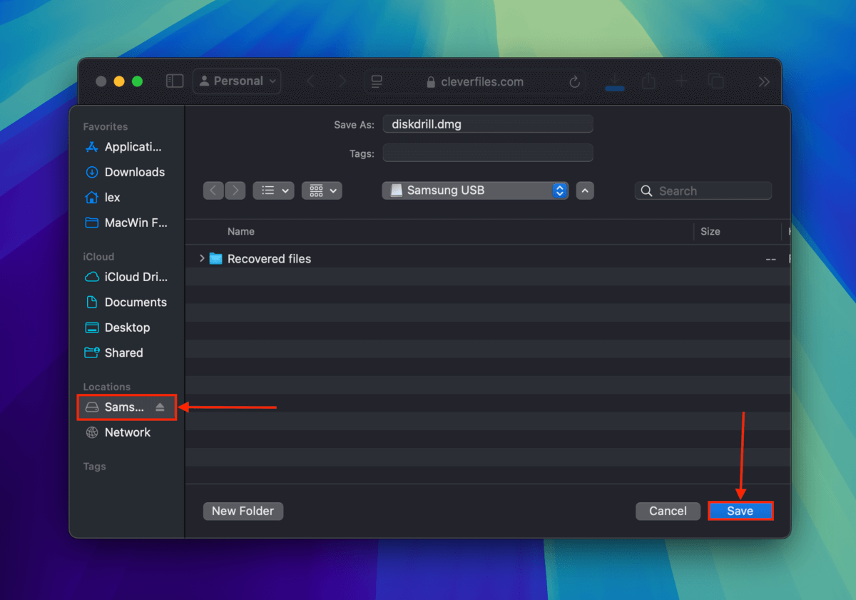 Saving the downloaded Disk Drill installer file in an external storage device