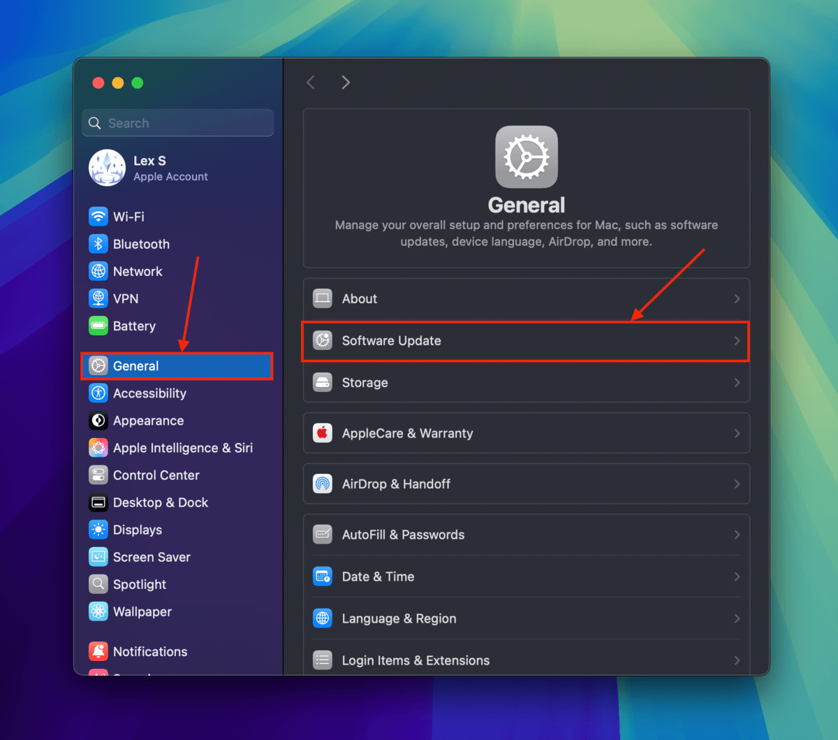 Software Update button in the System Settings menu