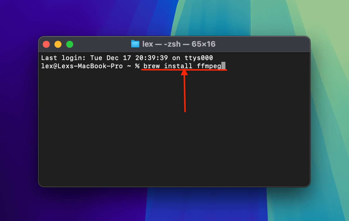 FFmpeg installation command in the Terminal app