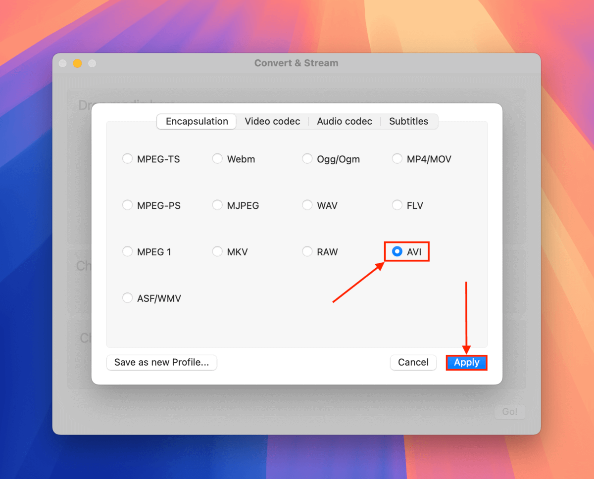 Selecting the AVI container in VLC Media Player's Encapsulation menu