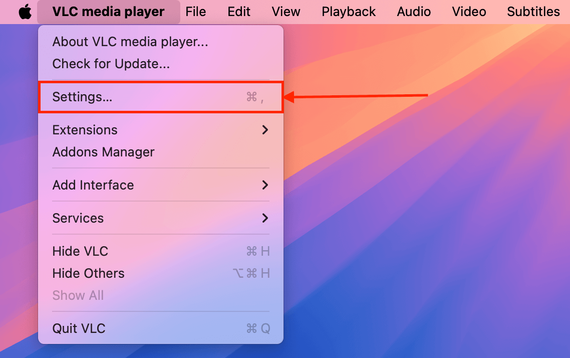 Settings button in VLC Media Player's main menu