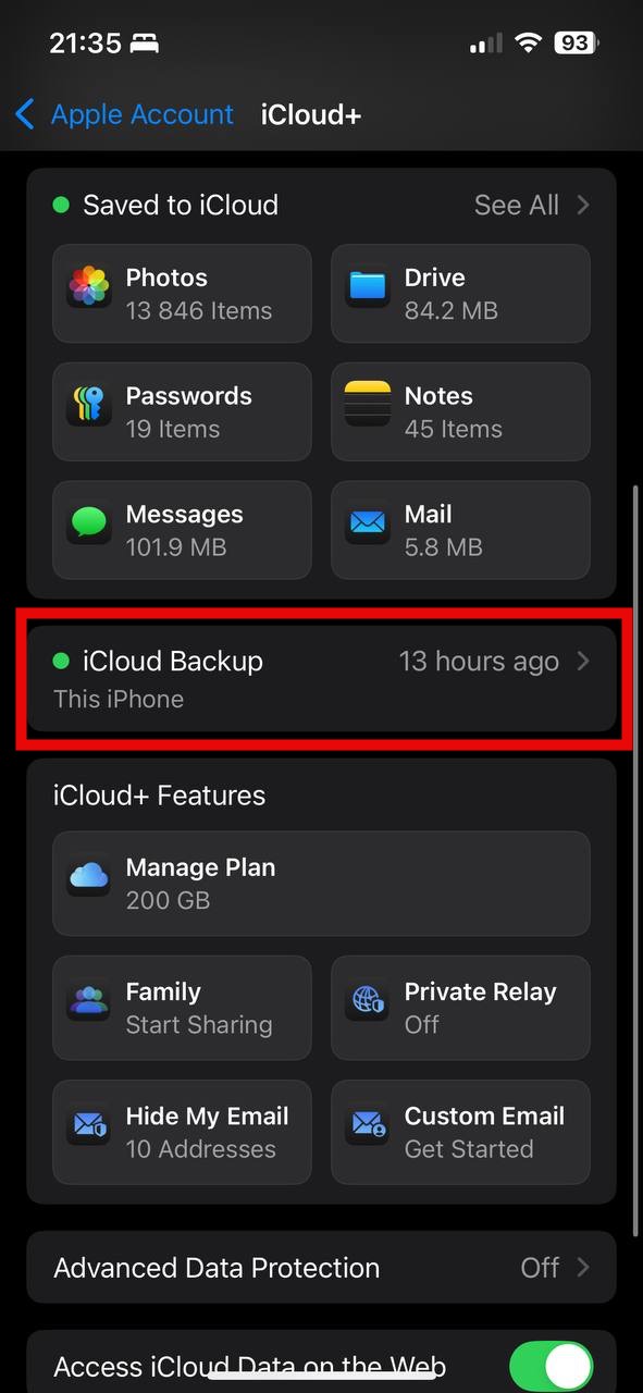 icloud backup section iphone