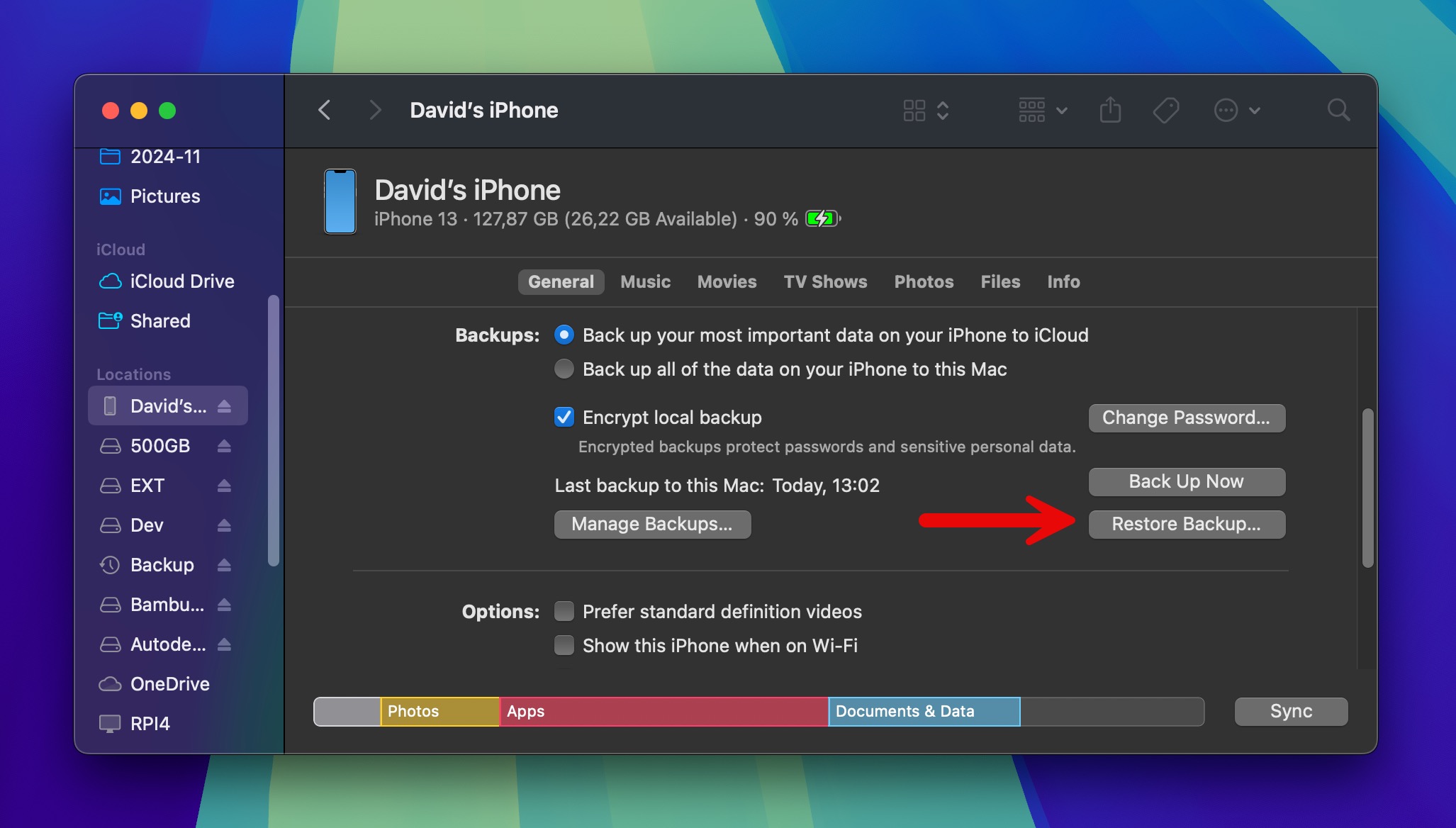 restore backup iphone finder