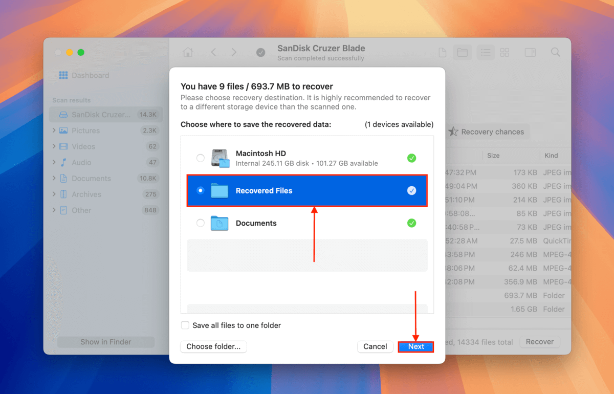 Selecting a destination folder for files recovered from FAT32 USB using Disk Drill