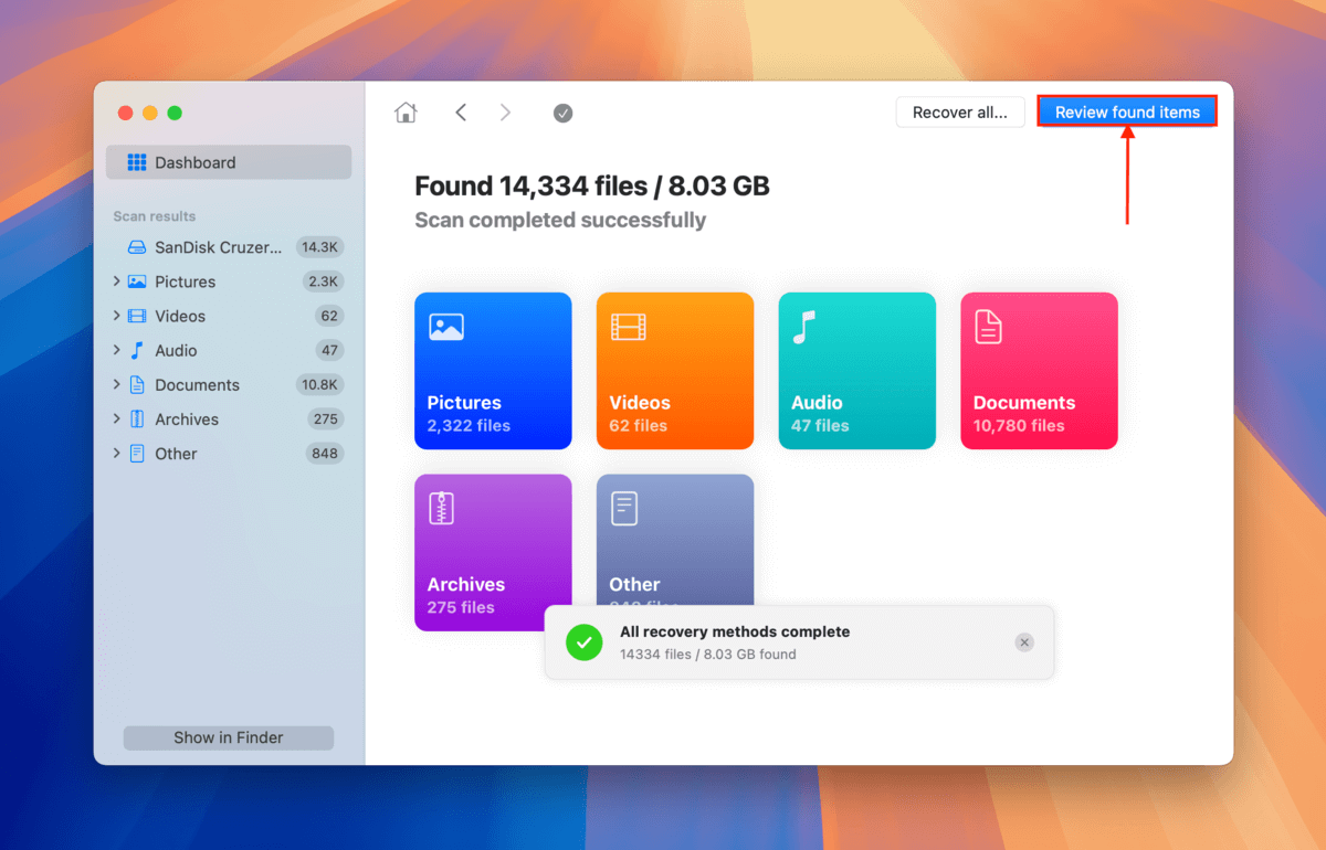 Disk Drill completion screen of FAT32 USB drive scan