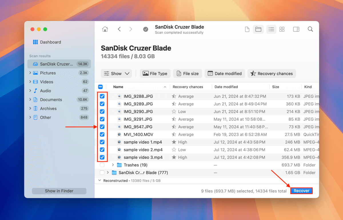 Selecting found and recovered files in FAT32 USB drive