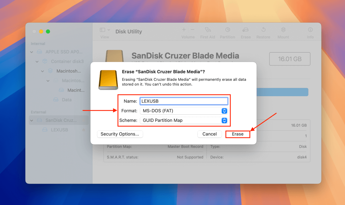 Disk Utility format drive dialogue box