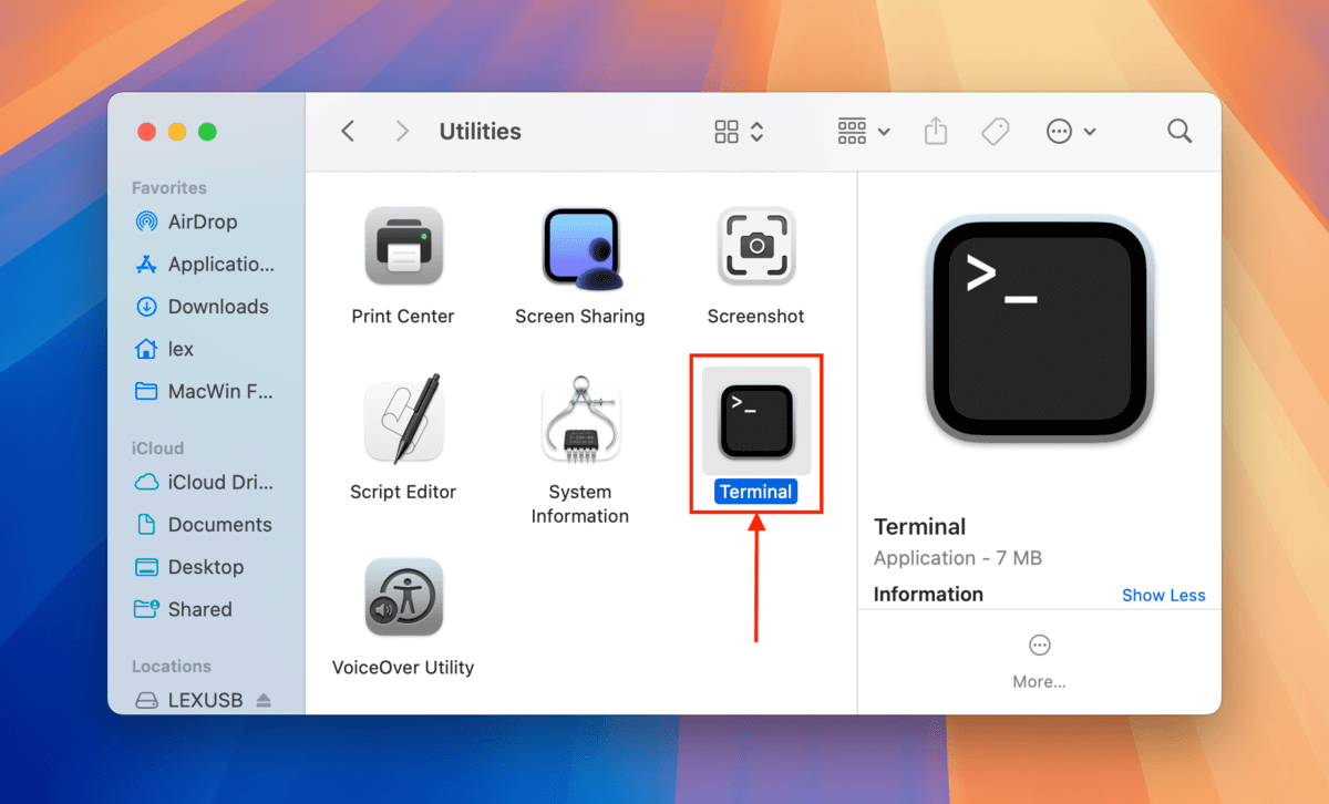 Terminal app icon in the Utilities folder, inside Finder Applications folder