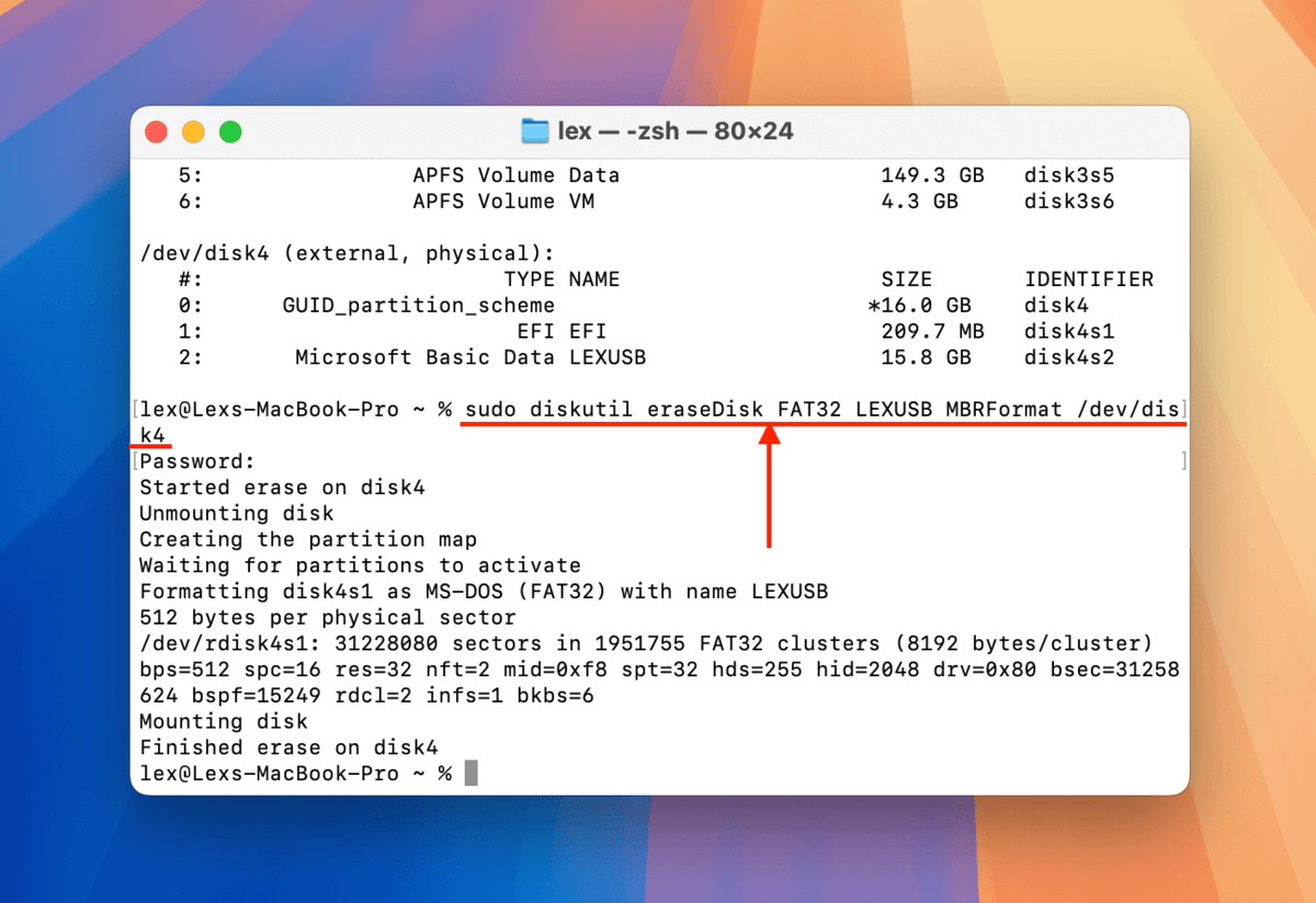 Diskutil eraseDisk command in the Terminal app