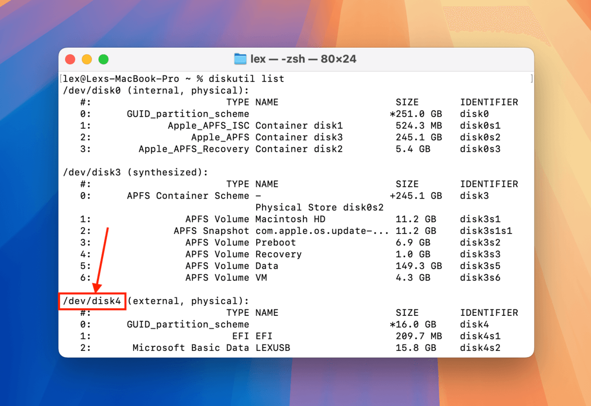 List of disks in the Terminal app