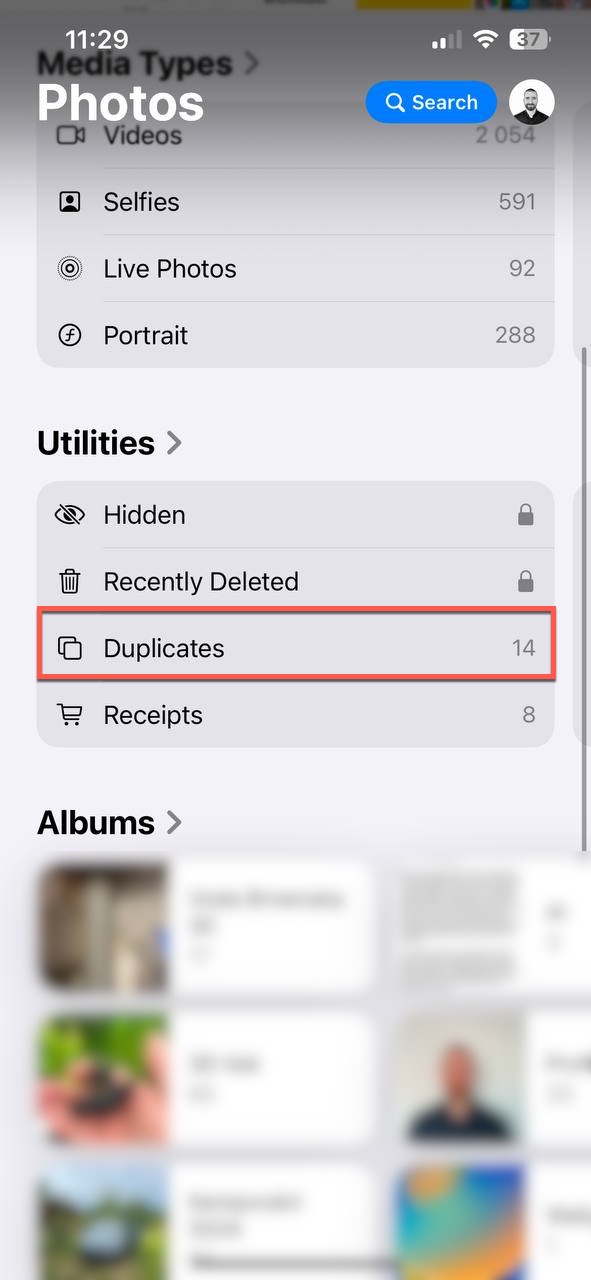 duplicate photos option highlighted