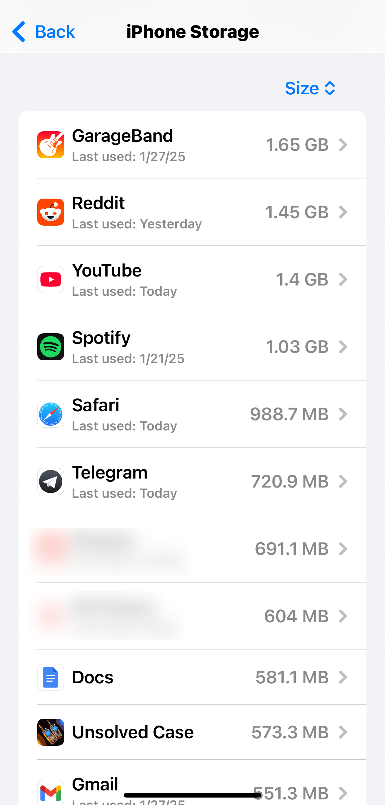 Apps list in the iPhone Storage menu