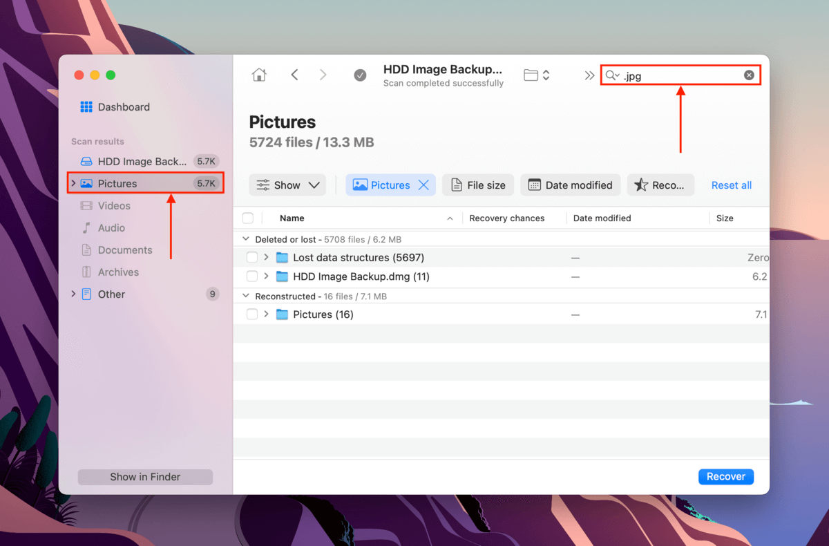 Using Disk Drill's search and filter tools on an HDD image backup's found files