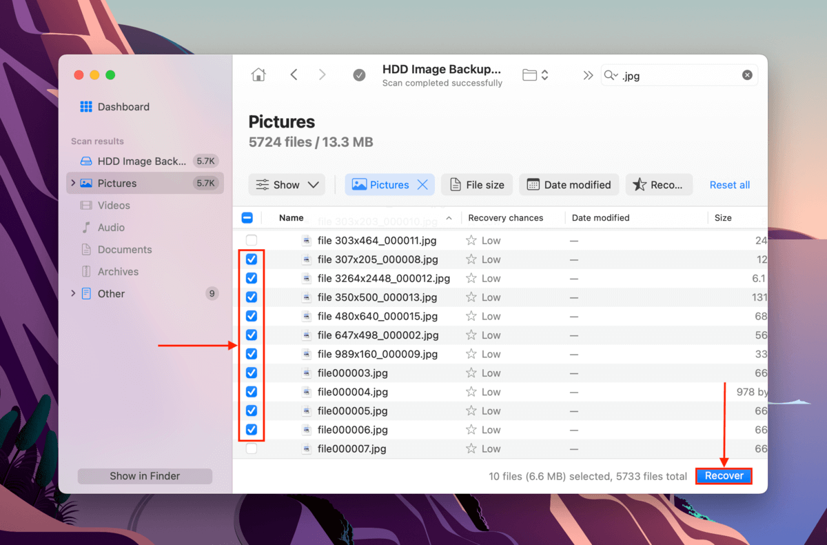 Selecting files to recover from HDD image backup in Disk Drill