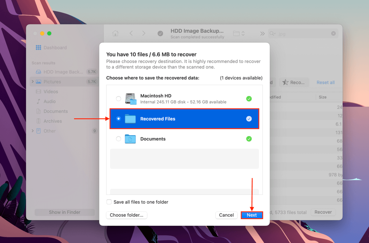 Selecting a destination folder for found files on HDD image backup in Disk Drill