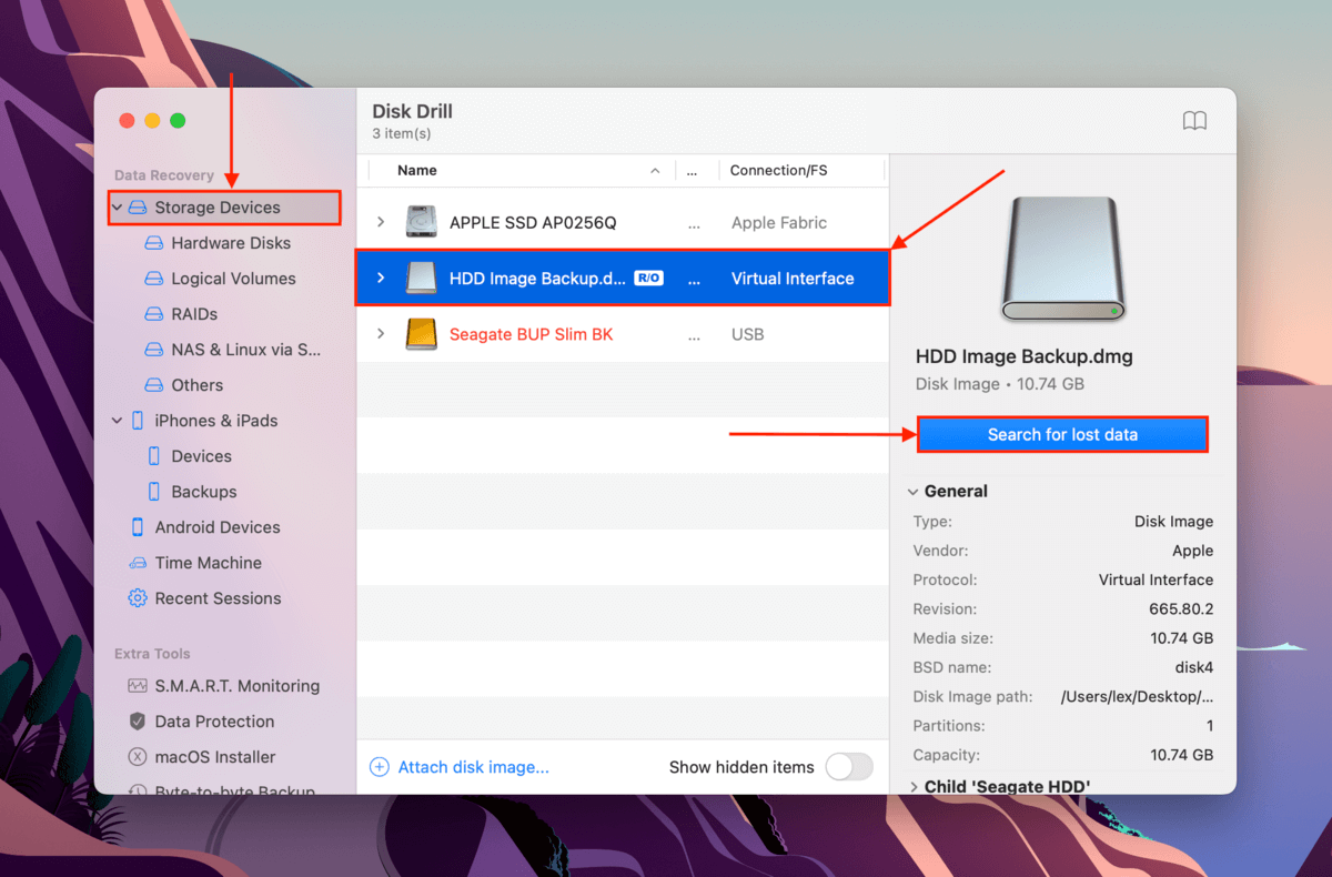 Scanning an HDD backup image in Disk Drill