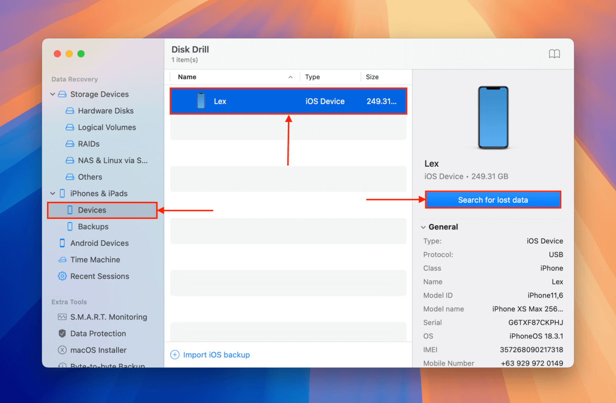 Disk Drill source selection menu