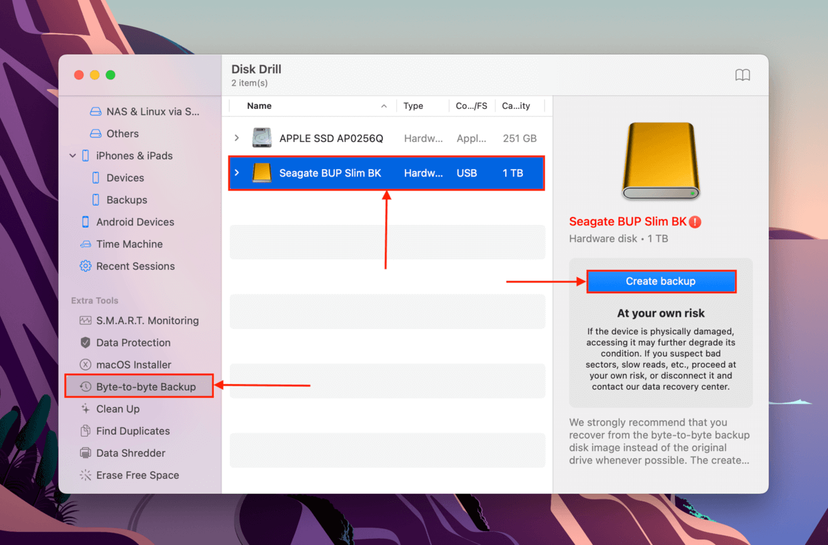 Selecting the drive to back up in Disk Drill's source selection menu