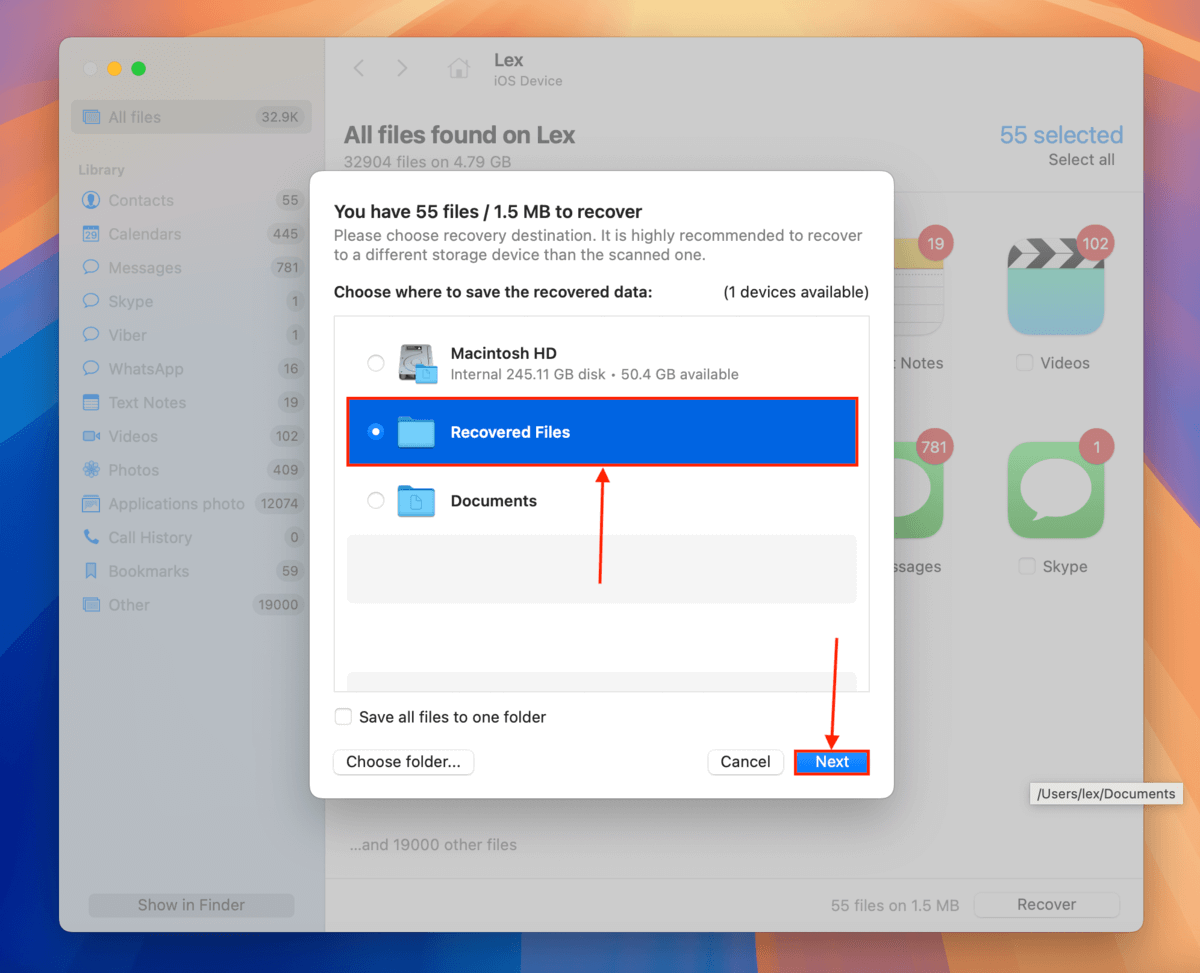 Disk Drill destination selection menu