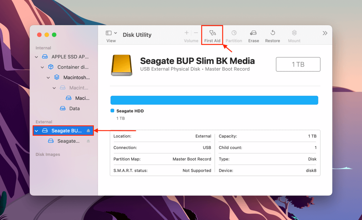 Running First Aid on HDD in Disk Utility