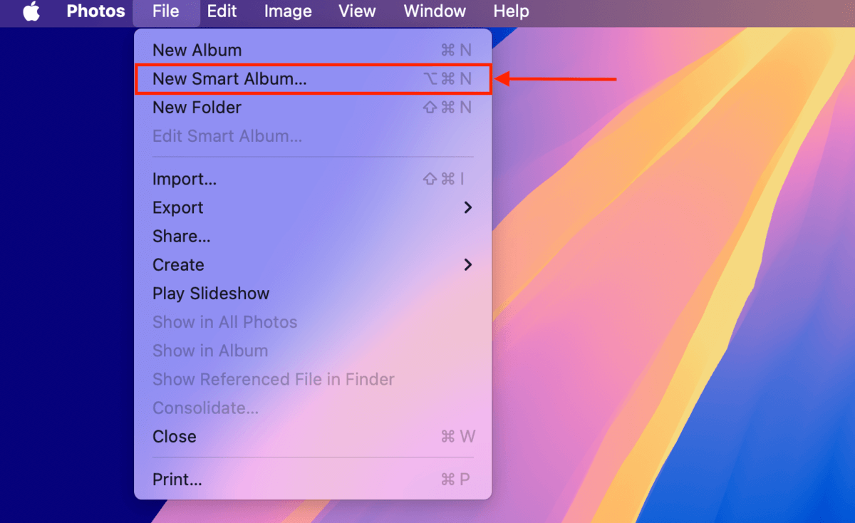 New Smart Album creation button in macOS Photos' File menu