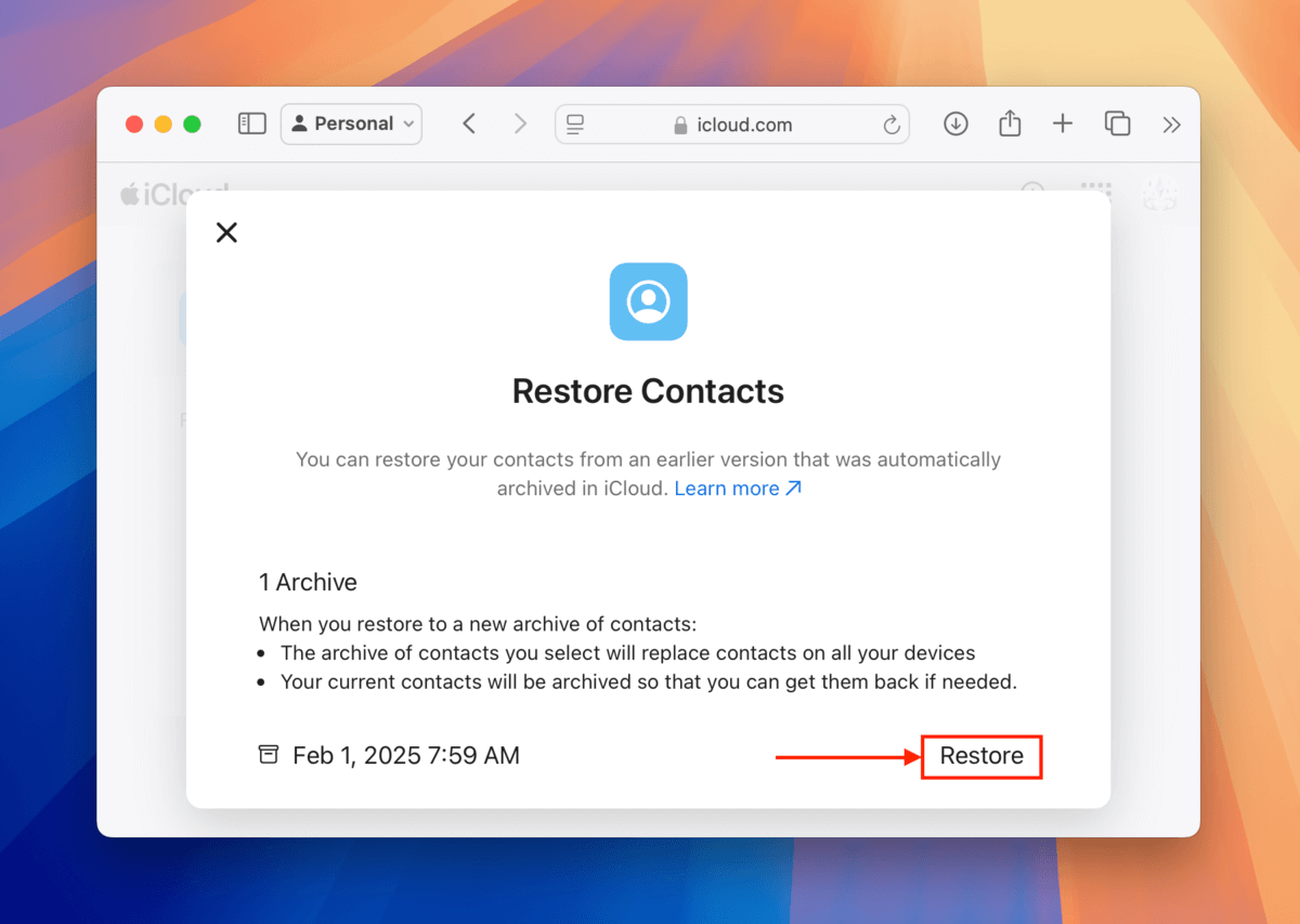 Restore button for the contacts archive in iCloud