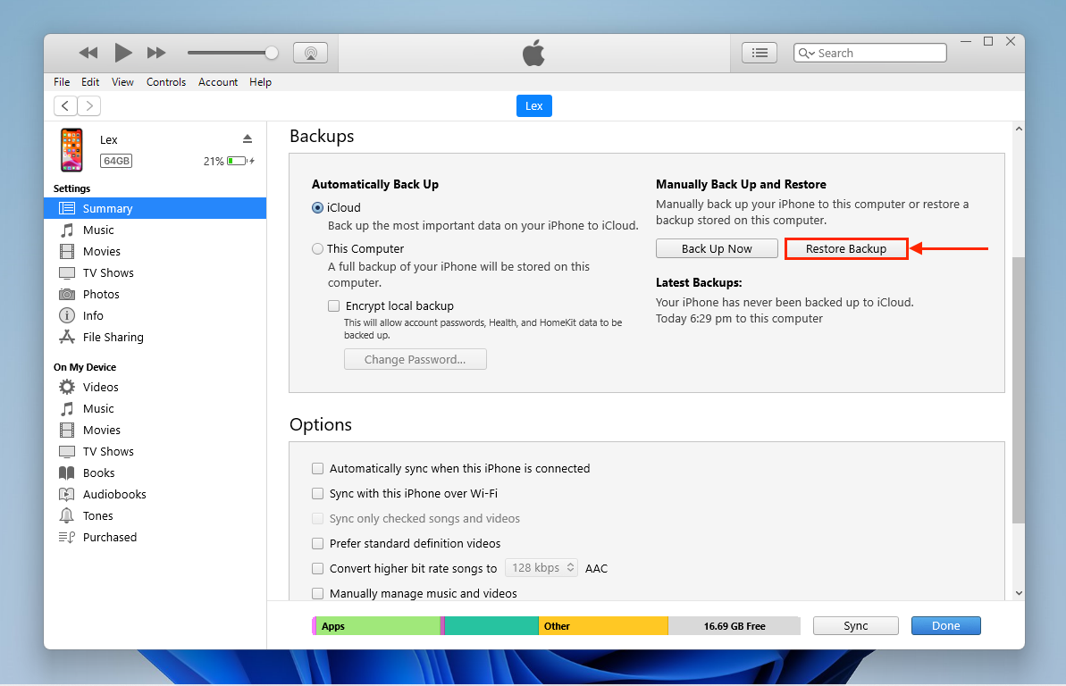 Restore Backup button in iTunes