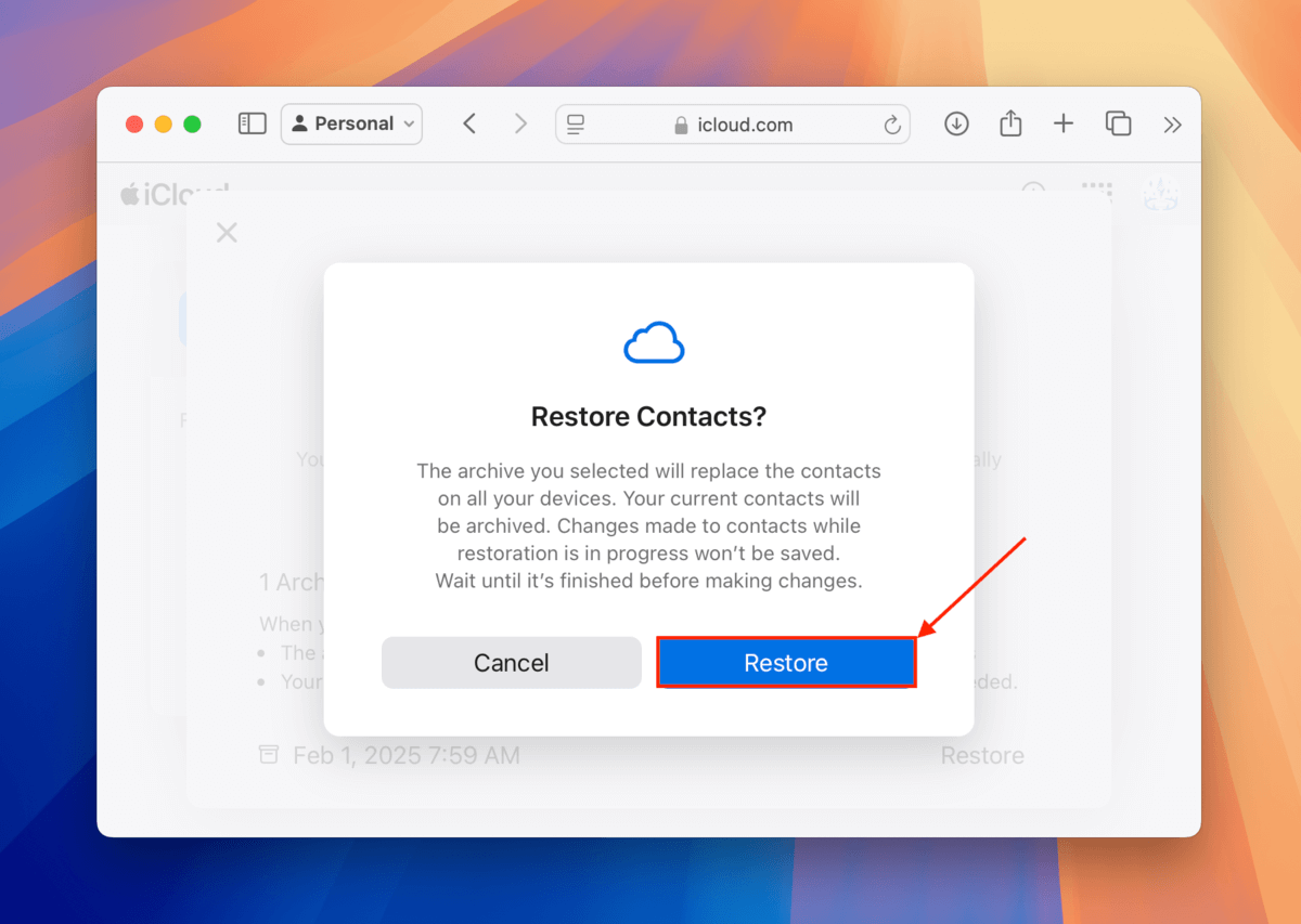 Restore confirmation button for the iCloud contacts archive backup