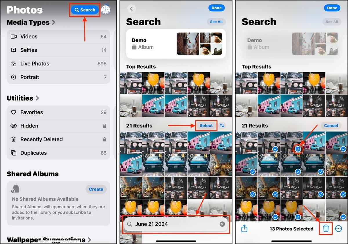 iOS Photos search tool filter and selection features