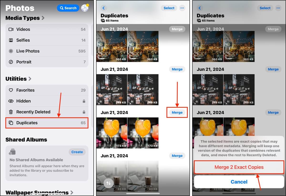 Duplicate merge function in iOS Photos