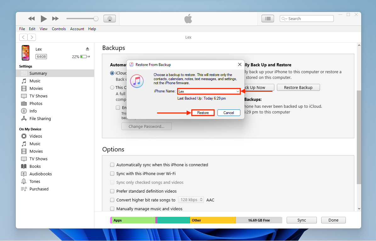 Selecting an iPhone backup in iTunes